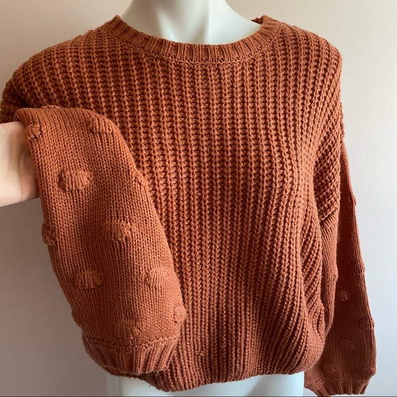 Cropped Swiss Dot Orange Knit Long Sleeve Sweater - Picture 2 of 5